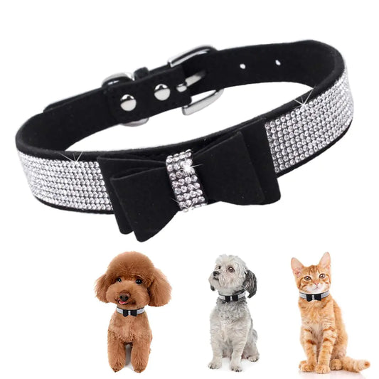 XSmall Dog Collar with Bowtie boyRhinestone Bling Diamond Sparkly Crystal Jewel Cute Adjustable for Small Medium Large Girl Puppy Cat Collars Female Pet Kitten Black S